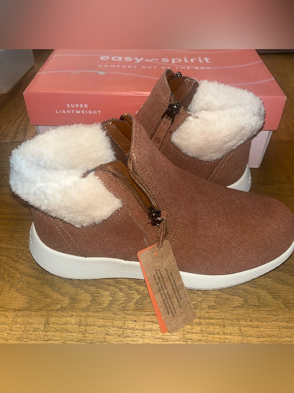 Easy Spirit Brown & White Comfort Ankle Booties Sz 7 W Wide - Faux Suede & Fur